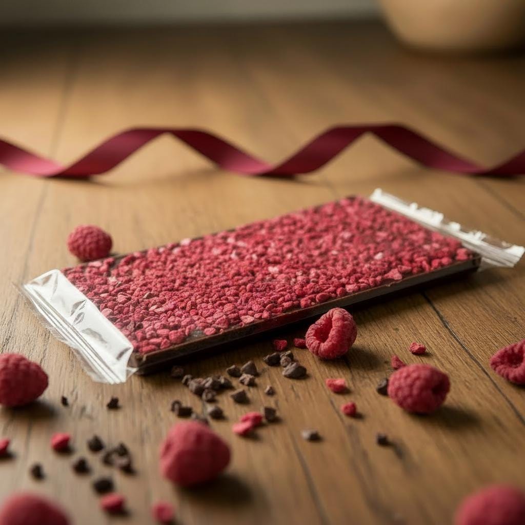 Handmade Dark Chocolate and Raspberry 54% Belgian Chocolate 100g bar. Wrapper can be personalised.