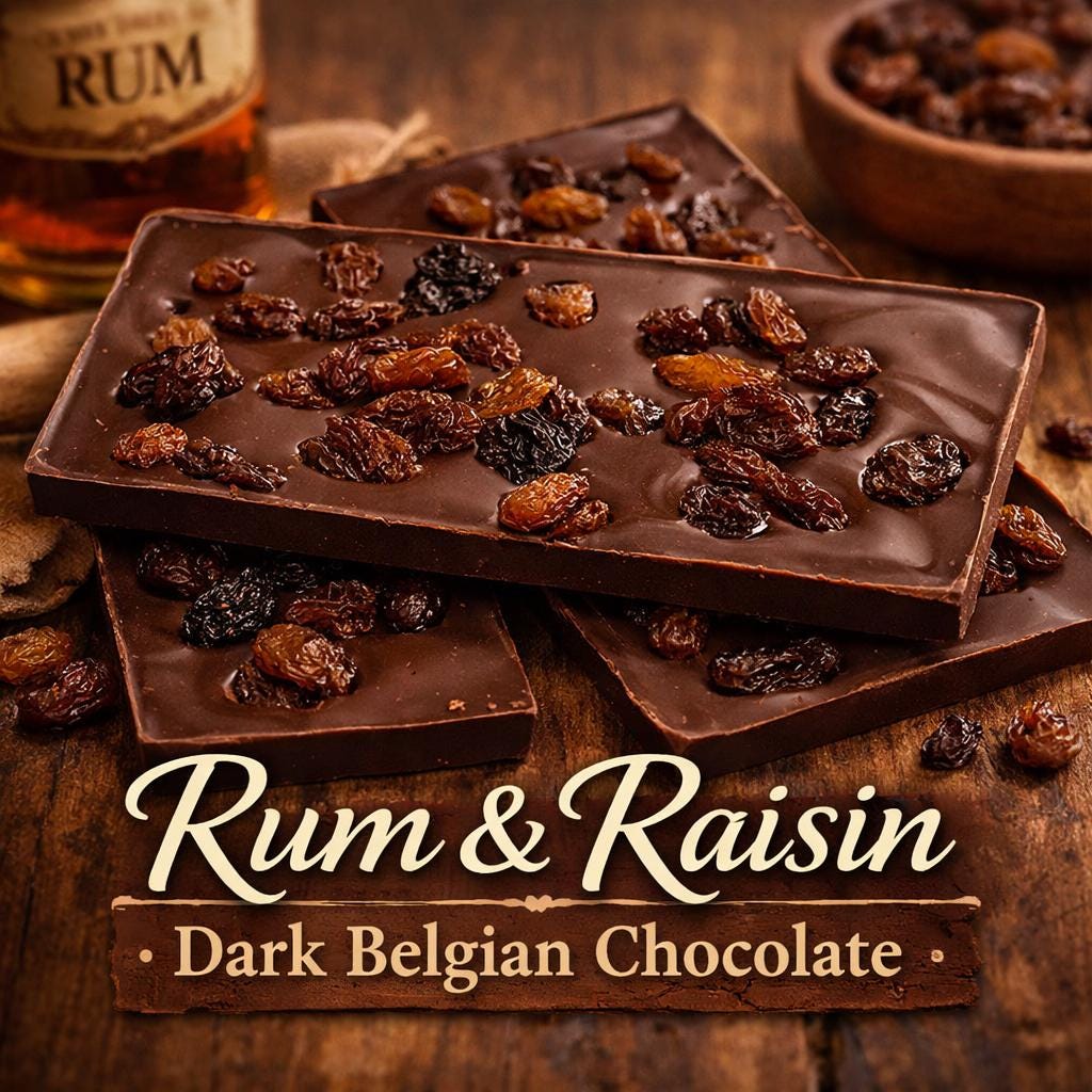 Handmade Rum & Raisin Dark Chocolate Bar 100g.