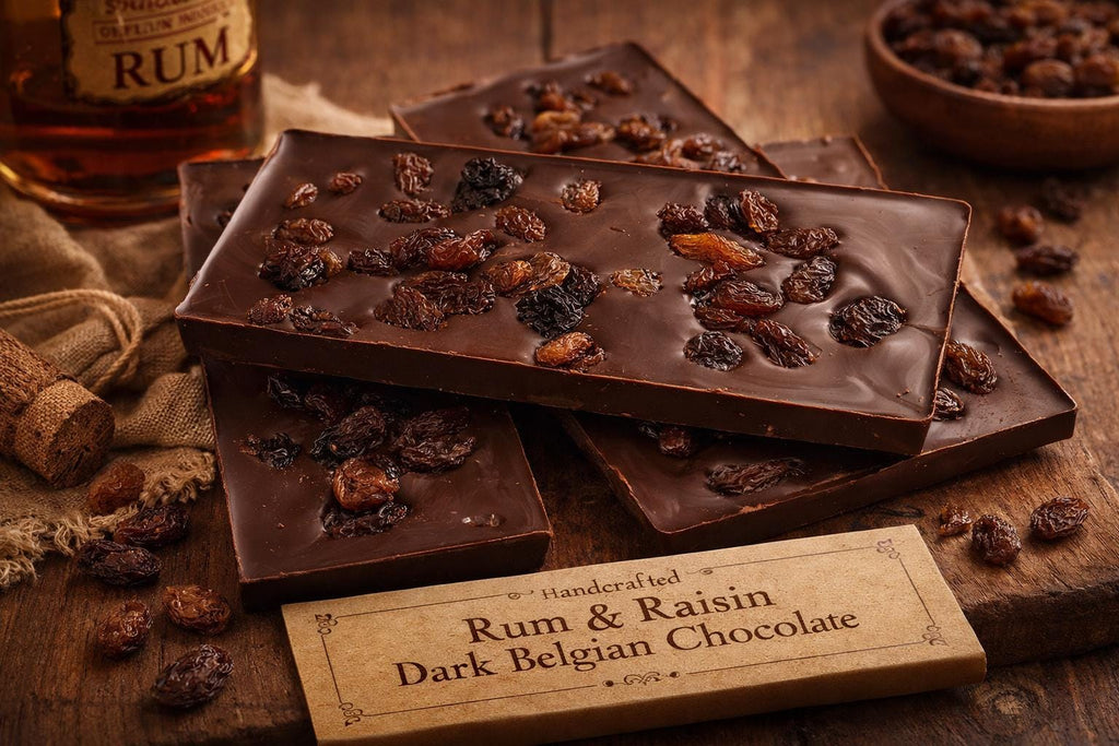 Handmade Rum & Raisin Dark Chocolate Bar 100g.