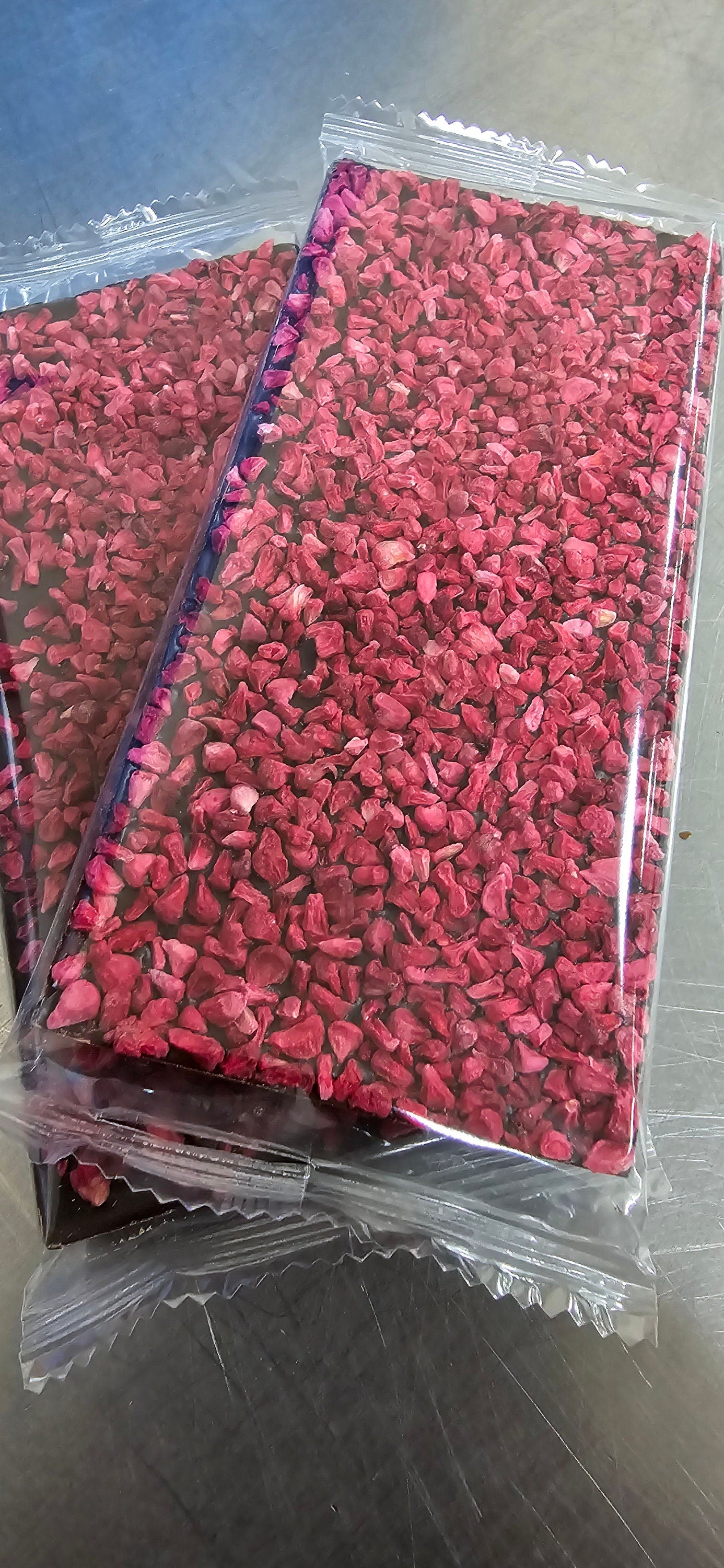 Handmade Dark Chocolate and Raspberry 54% Belgian Chocolate 100g bar. Wrapper can be personalised.